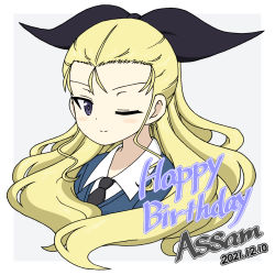 Rule 34 | 1girl, ;), assam (girls und panzer), birthday, black necktie, black ribbon, blonde hair, blue eyes, blue sweater, character name, closed mouth, commentary, dated, dress shirt, emblem, english text, girls und panzer, grey background, hair pulled back, hair ribbon, happy birthday, highres, ichinose jun, long hair, long sleeves, looking at viewer, necktie, one eye closed, one side up, outside border, ribbon, school uniform, shirt, smile, solo, st. gloriana&#039;s (emblem), st. gloriana&#039;s school uniform, sweater, upper body, v-neck, white shirt, wing collar