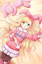 Rule 34 | 1girl, animal ears, arm up, asymmetrical bangs, baram, blonde hair, bow, brown pants, checkered bow, checkered clothes, commentary request, fake animal ears, fur-trimmed shirt, fur trim, green eyes, hairband, heart, highres, long hair, looking at viewer, lying, mononobe alice, mononobe alice (6th costume), nijisanji, on back, pants, parted lips, pink hairband, pink shirt, pleated skirt, rabbit ears, shirt, skirt, smile, solo, stuffed animal, stuffed rabbit, stuffed toy, very long hair, virtual youtuber, white skirt