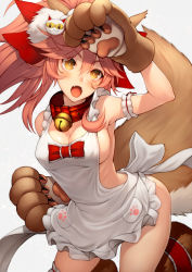 Rule 34 | 10s, 1girl, animal ear fluff, animal ears, animal hands, apron, arm garter, arm up, armpits, bare shoulders, bell, blush, breasts, cat hair ornament, cat paws, claws, cleavage, collar, fangs, fate/extra, fate/grand order, fate (series), fox ears, fox tail, frills, gloves, hair between eyes, hair ornament, hip focus, jingle bell, kneeling, kyoeiki, large breasts, long hair, looking at viewer, maid headdress, naked apron, neck bell, open mouth, paw gloves, paw print, paw shoes, pink hair, ponytail, shoes, sideboob, sidelocks, simple background, solo, tail, tamamo (fate), tamamo cat (fate), thighs, white background, yellow eyes