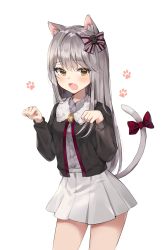 Rule 34 | 1girl, :d, animal ears, black jacket, bow, brown eyes, cat ears, cat girl, cat tail, churi (oxxchurixxo), collared shirt, cowboy shot, fang, grey bow, grey hair, grey shirt, hair bow, hands up, highres, jacket, long hair, long sleeves, looking at viewer, miniskirt, open mouth, original, paw pose, pleated skirt, red bow, shirt, simple background, skirt, smile, solo, tail, tail bow, tail ornament, white background, white skirt