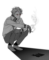 Rule 34 | 1boy, b1ue e4rth, cigarette, commentary request, film grain, gloves, greyscale, holding, holding cigarette, jacket, korean commentary, long sleeves, male focus, monochrome, open clothes, open jacket, pants, red eyes, saibou shinkyoku, short hair, smoke, solo, spot color, squatting, sweater, theodore riddle, turtleneck, turtleneck sweater