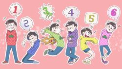 Rule 34 | 10s, 6+boys, ^^^, arms behind back, ayayannko, brothers, brown hair, cat, esper nyanko, heart, hood, hoodie, kneeling, male focus, matsuno choromatsu, matsuno ichimatsu, matsuno jyushimatsu, matsuno karamatsu, matsuno osomatsu, matsuno todomatsu, messy hair, multiple boys, musical note, osomatsu-kun, osomatsu-san, osomatsu (series), pink background, quaver, sextuplets, shorts, siblings, simple background, sleeves past wrists, slippers, smile, speech bubble