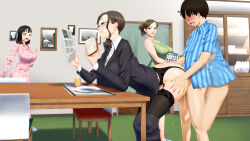 Rule 34 | 1boy, 3girls, ass, bent over, black eyes, black hair, black thighhighs, blush, boku no kazoku wa okashii, breakfast, breasts, business suit, chair, clothed sex, clothes pull, drawing (object), eating, eitchna, faceless, faceless male, folded ponytail, food, formal, from side, garter belt, garter straps, glasses, highres, huge breasts, indoors, large breasts, legs, long hair, looking at another, medium hair, multiple girls, newspaper, no eyes, open mouth, original, sex, sex from behind, skirt, skirt pull, standing, standing sex, suit, table, thighhighs, thighs, vaginal