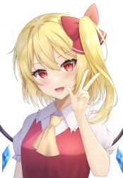 Rule 34 | &gt;:), 1girl, absurdres, bat wings, blonde hair, blush, bow, breasts, collar, commentary, crystal, dress, eyelashes, fang, flandre scarlet, frilled collar, frills, hair between eyes, hair bow, hand up, head tilt, highres, looking at viewer, medium hair, neckerchief, open mouth, puffy short sleeves, puffy sleeves, red bow, red dress, red eyes, shirt, short sleeves, side ponytail, sidelocks, simple background, small breasts, smile, solo, szl, touhou, v, v-shaped eyebrows, white background, white collar, white shirt, wings, yellow neckerchief