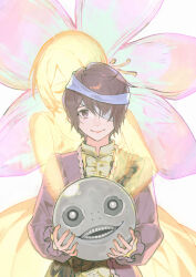 Rule 34 | 1boy, 1girl, alternate form, bandage over one eye, bandaged head, bandages, black sash, blouse, brother and sister, brown eyes, brown hair, chinese commentary, commentary, emil (nier), floral background, flower, ghost, glowing spirit, hair over one eye, halua, highres, holding head, hug, hug from behind, jacket, lace-trimmed jacket, looking at viewer, lunar tear, male focus, nier, nier (series), one eye covered, pink flower, purple jacket, rampu, sash, shirt, short hair, siblings, smile, spoilers, straight-on, white shirt