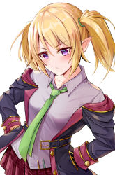 Rule 34 | 1girl, black jacket, blonde hair, blush, breasts, chloe (princess connect!), collared shirt, green necktie, grey shirt, hands in pockets, jacket, kuroganeruto, long sleeves, medium hair, necktie, off shoulder, pleated skirt, pointy ears, princess connect!, purple eyes, red skirt, shirt, sidelocks, simple background, skirt, small breasts, solo, twintails, v-shaped eyebrows, white background