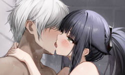 animal_ears arknights black_hair cat_ears cat_girl commentary_request doctor_(arknights) ears_down french_kiss from_side green_eyes highres indoors jessica_(arknights) kiss male_doctor_(arknights) paid_reward_available ponytail saliva steam tab_head tearing_up tile_wall tiles white_hair