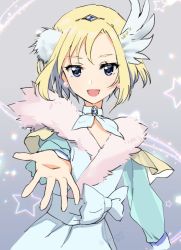 Rule 34 | 10s, 1boy, androgynous, blonde hair, bow, cure infini, gem, gradient background, grey background, hugtto! precure, magical boy, magical girl, male focus, outstretched hand, precure, semi-transparent, solo, star (symbol), trap, upper body, wakamiya henri, wing hair ornament, zerorou (himitunoko2)