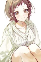 Rule 34 | 1girl, arms at sides, bang dream!, blush, brown eyes, brown hair, buttons, cable knit, cardigan, closed mouth, collarbone, commentary, hair ornament, hairclip, hazawa tsugumi, knees up, long sleeves, looking at viewer, roko (pe0e07), short hair, simple background, sitting, smile, solo, swept bangs, upper body, white background, white cardigan