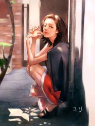 Rule 34 | 1girl, against wall, amami yuuki, brick wall, brown eyes, brown hair, ciciliu, cigarette, female focus, full body, high heels, highres, lips, long hair, looking at viewer, open shoes, realistic, shoes, solo, squatting