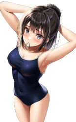 Rule 34 | 1girl, absurdres, adjusting hair, armpits, arms behind head, blonde hair, blue eyes, blush, breasts, cleavage, collarbone, competition school swimsuit, covered navel, hair tie, hair tie in mouth, highres, large breasts, looking at viewer, mole, mole on armpit, mouth hold, one-piece swimsuit, original, school swimsuit, simple background, solo, standing, swimsuit, white background, yukemuriganmo