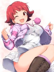 Rule 34 | 1girl, ;d, blunt bangs, boots, breasts, brown footwear, crop top, dress, highres, idolmaster, idolmaster million live!, jacket, knee boots, looking at viewer, medium breasts, nonohara akane, one eye closed, open mouth, pom pom (clothes), rauto, red hair, simple background, smile, solo, striped clothes, striped jacket, thighs, white background, white dress