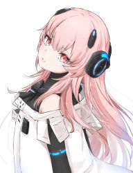 Rule 34 | 1girl, bare shoulders, black shirt, coat, collared shirt, gizamond, hair ornament, hairclip, headgear, headphones, highres, looking at viewer, looking to the side, mechanical arms, pink eyes, pink hair, punishing: gray raven, shirt, solo, teddy (punishing: gray raven), white background, white coat