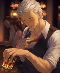 Rule 34 | 1boy, alcohol, archer (fate), artist name, bar (place), blurry, blurry background, blush, building, collared shirt, couple, cup, dark-skinned male, dark skin, drinking glass, fate (series), highres, jewelry, male focus, mondi hl, muscular, muscular male, necktie, necktie grab, neckwear grab, ring, shirt, sitting, veins, veiny arms, whiskey, white hair, wine, wine glass, yellow eyes