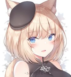 Rule 34 | 1girl, animal ear fluff, animal ears, warrior of light (ff14), ayuanlv, bare shoulders, black dress, black headwear, blonde hair, blue eyes, breasts, cat ears, cat girl, cat tail, dress, facial mark, fang, final fantasy, final fantasy xiv, looking at viewer, medium breasts, miqo&#039;te, open mouth, profile, short hair, sleeveless, sleeveless dress, slit pupils, smile, solo, tail, tilted headwear