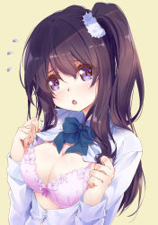 Rule 34 | 1girl, 54hao, beige background, black hair, blue bow, blush, bow, bow bra, bra, breasts, cleavage, collared shirt, commentary request, dress shirt, flying sweatdrops, hair between eyes, hands up, highres, long hair, long sleeves, looking at viewer, medium breasts, one side up, open clothes, open shirt, original, parted lips, pink bra, purple eyes, shirt, simple background, sleeves past wrists, solo, underwear, upper body, white shirt