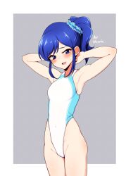 Rule 34 | 1girl, aikatsu!, aikatsu! (series), aqua one-piece swimsuit, aqua scrunchie, armpits, arms behind head, arms up, bare arms, bare shoulders, blue eyes, blue hair, blush, border, breasts, commentary, competition swimsuit, covered navel, cowboy shot, grey background, groin, hair ornament, hair scrunchie, high ponytail, highleg, highleg swimsuit, highres, kiriya aoi, looking at viewer, medium breasts, minakamirin, one-piece swimsuit, open mouth, outside border, raised eyebrows, scrunchie, short hair, side ponytail, simple background, smile, solo, standing, sweatdrop, swept bangs, swimsuit, two-tone swimsuit, white border, white one-piece swimsuit