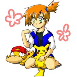 Rule 34 | 1girl, ash ketchum, ash ketchum (cosplay), asymmetrical hair, bare legs, baseball cap, cosplay, creatures (company), denim, denim shorts, game freak, gen 1 pokemon, green eyes, gym leader, hat, legs, lowres, misty (pokemon), navel, nintendo, orange hair, pikachu, pokemon, pokemon (anime), pokemon (classic anime), ponytail, psyduck, short hair, shorts, side ponytail, suspenders