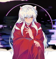 Rule 34 | 1boy, animal ears, black ribbon, cbow, clothing cutout, highres, inuyasha, inuyasha (character), japanese clothes, kimono, long sleeves, looking to the side, male focus, red kimono, ribbon, ribbon-trimmed sleeves, ribbon trim, shoulder cutout, silver hair, slit pupils, solo, standing, wolf ears, yellow eyes