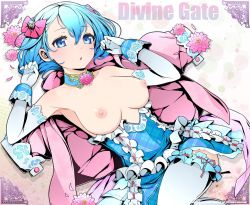 Rule 34 | 1girl, artist request, bare shoulders, blue eyes, blue hair, breasts, breasts out, choker, divine gate, dress, elbow gloves, female focus, gloves, highres, looking at viewer, lying, medium breasts, nipples, no bra, on back, short hair, solo, thighhighs, vivian (divine gate)