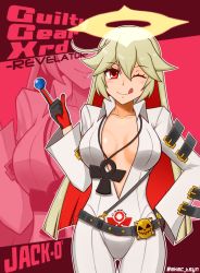 Rule 34 | 1girl, :q, ;q, ahoge, ankh, arc system works, belt, belt buckle, belt skirt, black gloves, blush, bodysuit, breasts, breasts apart, buckle, candy, center opening, character name, cleavage, closed mouth, collarbone, spiked halo, copyright name, cowboy shot, emblem, flipped hair, food, gloves, guilty gear, guilty gear xrd, hair between eyes, halo, hand on own hip, holding, index finger raised, jack-o&#039; valentine, jewelry, legs together, licking lips, light smile, lollipop, long hair, long sleeves, looking at viewer, medium breasts, multicolored hair, necklace, one eye closed, outline, red eyes, red gloves, red hair, runes, sidelocks, smile, smiley face, solo, standing, strap, studded belt, tasogare yanio, tongue, tongue out, transparent, twitter username, two-tone hair, very long hair, white hair, wide sleeves, zoom layer