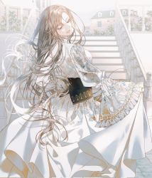 Rule 34 | 1girl, back, blonde hair, blue eyes, colored eyelashes, day, dress, ea ateu, floral print, highres, holding, holding clothes, house, light rays, long sleeves, looking back, original, outdoors, parted bangs, solo, sparkle, stairs, victorian, wavy hair, white dress, wide sleeves