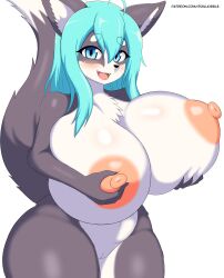 Rule 34 | 1girl, absurdres, animal ears, artist name, blue eyes, blue hair, breast lift, breasts, cleft of venus, curvy, female focus, fox ears, fox girl, fox tail, furry, furry female, hair between eyes, highres, huge breasts, looking at viewer, navel, nipples, nude, open mouth, original, pussy, shiny skin, smile, solo, soulkibble, tail, thick thighs, thighs, white background