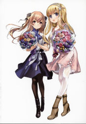 Rule 34 | 2girls, black ribbon, blonde hair, blush, bouquet, breasts, brown eyes, closed mouth, double bun, fletcher (kancolle), flower, hair bun, hair ornament, hair ribbon, hairband, highres, holding, holding bouquet, johnston (kancolle), kantai collection, large breasts, light brown hair, long hair, looking at viewer, medium breasts, multiple girls, neckerchief, official art, open mouth, purple eyes, ribbon, scan, scan artifacts, shirt, short sleeves, simple background, skirt, smile, star (symbol), star hair ornament, two side up, white background, white legwear, white ribbon, zeco