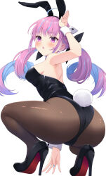 Rule 34 | 1girl, ahoge, alternate costume, animal ears, aqua hair, aqua nails, arms up, ass, bare shoulders, black footwear, black leotard, blue hair, blunt bangs, blush, braid, breasts, colored inner hair, colored shoe soles, commentary, detached collar, drill hair, fake animal ears, fake tail, fanged bangs, fishnet pantyhose, fishnets, french braid, full body, hand on floor, high heels, highleg, highleg leotard, highres, hololive, kurono yuzuko, legs, leotard, long hair, looking afar, looking back, medium breasts, minato aqua, multicolored hair, open mouth, paid reward available, pantyhose, playboy bunny, purple eyes, purple hair, rabbit tail, sideboob, simple background, solo, spread legs, squatting, strapless, strapless leotard, streaked hair, tail, twintails, two-tone hair, virtual youtuber, white background, wrist cuffs