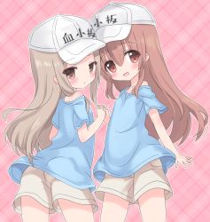 Rule 34 | 10s, 2girls, bad id, bad pixiv id, blue shirt, blush, brown eyes, brown hair, brown shorts, commentary request, holding hands, hat, hataraku saibou, long hair, looking back, multiple girls, open mouth, platelet (hataraku saibou), rabeomega, shirt, shorts, smile