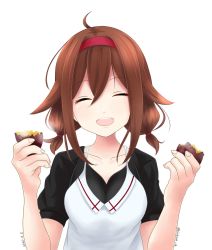 Rule 34 | 1girl, ahoge, black shirt, blouse, brown hair, commentary request, dress, closed eyes, food, hairband, highres, kantai collection, kuroneko86, low twintails, one-hour drawing challenge, open mouth, red hairband, round teeth, shiratsuyu (kancolle), shirt, short hair, short sleeves, simple background, smile, solo, sweet potato, teeth, twintails, upper body, upper teeth only, white background, white dress