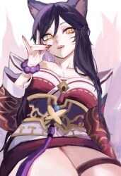 Rule 34 | 1girl, absurdres, ahri (league of legends), animal ears, bare shoulders, bead bracelet, beads, black hair, bracelet, breasts, cleavage, facial mark, fox ears, fox girl, fox tail, hair between eyes, hand up, highres, jewelry, large breasts, league of legends, long hair, looking at viewer, nail polish, nakiyande, red nails, sitting, smile, solo, tail, whisker markings, yellow eyes