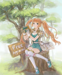 Rule 34 | 1girl, anshu (o9jucea), aqua footwear, binoculars, brown hair, copyright name, gloves, highres, long hair, outdoors, pouch, ribbed sweater, shoes, sign, sitting, smile, solo, sweater, thighhighs, tree, tree of savior, tree stump, twintails, white gloves, white thighhighs