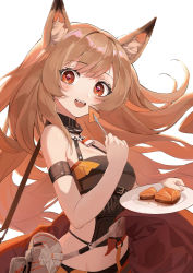 Rule 34 | 1girl, absurdres, animal ear fluff, animal ears, arknights, arm up, armband, baklava, black shirt, blush, brown hair, cake, ceobe (arknights), ceobe (summer flowers) (arknights), dog ears, eating, fangs, food, fork, highres, holding, holding fork, holding plate, lock, long hair, looking at viewer, official alternate costume, open mouth, padlock, plate, red eyes, rui (rei leyi), shirt, simple background, solo, standing, very long hair, white background