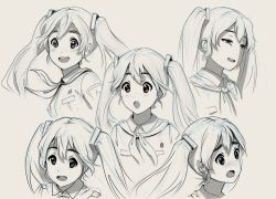Rule 34 | 1girl, :d, :o, commentary, english commentary, greyscale, hair ornament, half-closed eyes, hatsune miku, highres, honeybunny-art, kakifly (style), long hair, looking at viewer, monochrome, multiple views, neckerchief, open mouth, sketch, smile, twintails, upper body, very long hair, vocaloid, worried