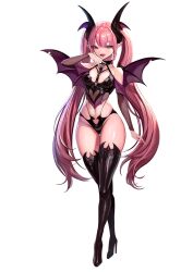 Rule 34 | 1girl, arm at side, bare shoulders, black footwear, black horns, boots, breasts, brokenspirits, commentary request, demon girl, demon horns, demon wings, detached sleeves, double-parted bangs, fang, full body, groin, hand up, head wings, high heel boots, high heels, highres, horns, long hair, looking at viewer, medium breasts, navel, open mouth, original, pink eyes, pink hair, pointy ears, revealing clothes, shiny skin, sidelocks, simple background, smile, solo, standing, tachi-e, thigh boots, thigh gap, twintails, very long hair, white background, wings
