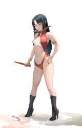 Rule 34 | 1girl, black footwear, black hair, blood, bloody knife, bloody weapon, boots, bracelet, breasts, full body, hand on own hip, highres, holding, holding knife, jewelry, knife, long hair, looking at viewer, medium breasts, navel, red eyes, slingshot swimsuit, small breasts, solo, standing, swimsuit, vampirella, vampirella (character), weapon, yugen99
