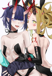 Rule 34 | 2girls, absurdres, animal ears, back, bare shoulders, black leotard, blonde hair, blush, breasts, collarbone, eyeliner, facial mark, fake animal ears, fate/grand order, fate (series), forehead, forehead mark, hair pulled back, highres, horns, ibaraki douji (fate), leotard, long hair, looking at viewer, makeup, multiple girls, oni, open mouth, playboy bunny, pointy ears, purple eyes, purple hair, rabbit ears, rabbit tail, san (harutuki 3), short hair, shuten douji (fate), skin-covered horns, small breasts, smile, tail, tattoo, yellow eyes
