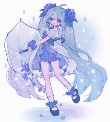Rule 34 | 1girl, blue eyes, blue hair, borrowed design, commentary, dress, earrings, flower, footwear flower, full body, grin, hair flower, hair ornament, hatsune miku, highres, holding, holding umbrella, hydrangea, jewelry, long hair, mary janes, ripples, shiro (a923808254), shoes, short sleeves, smile, socks, solo, standing, standing on one leg, twintails, umbrella, very long hair, vocaloid, water drop, wrist cuffs, wrist flower