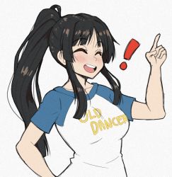 Rule 34 | !, 1girl, ^ ^, akiyama mio, black hair, blush, breasts, closed eyes, facing to the side, index finger raised, k-on!, large breasts, long hair, open mouth, ponytail, raglan sleeves, short sleeves, sidelocks, smile, solo, teeth, upper body, upper teeth only, young savage
