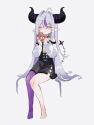 Rule 34 | 1girl, ahoge, aosachi, barefoot, black horns, braid, braided bangs, closed eyes, doughnut, eating, food, grey hair, highres, hololive, horns, la+ darknesss, la+ darknesss (1st costume), multicolored hair, pointy ears, purple hair, purple thighhighs, smile, solo, streaked hair, striped horns, thighhighs, virtual youtuber, yellow eyes