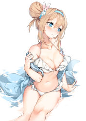 Rule 34 | 1girl, absurdres, arm support, bare shoulders, bikini, blue eyes, blue hairband, blue jacket, blush, breasts, cleavage, closed mouth, collarbone, commentary request, cowboy shot, frilled bikini, frills, girls&#039; frontline, hair between eyes, hair bun, hair intakes, hair ornament, hairband, halterneck, hansal, highres, jacket, light brown hair, looking to the side, medium breasts, navel, official alternate costume, one side up, side bun, sidelocks, single side bun, sitting, snowflake hair ornament, suomi (girls&#039; frontline), suomi (midsummer pixie) (girls&#039; frontline), swimsuit, white bikini