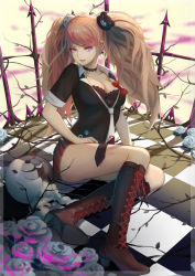Rule 34 | 10s, 1girl, absurdres, arm at side, arm support, bear hair ornament, black bra, black necktie, boots, bow, bra, branch, breasts, brown footwear, checkered floor, choker, cleavage, collarbone, cross-laced footwear, danganronpa: trigger happy havoc, danganronpa (series), enoshima junko, eyebrows, eyelashes, flower, full body, hair ornament, hand on lap, high heel boots, high heels, highres, lace-up boots, long hair, looking at viewer, loose necktie, mato kuroi, medium breasts, monokuma, necktie, open mouth, petals, pink hair, pink lips, pleated skirt, purple eyes, railing, red bow, red skirt, rose, short sleeves, sitting, skirt, sleeves rolled up, smile, solo, spoilers, stuffed animal, stuffed toy, teddy bear, teeth, twintails, underwear, white necktie