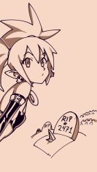 Rule 34 | 1girl, bad id, bad tumblr id, breasts, demon girl, disgaea, earrings, elbow gloves, english text, etna (disgaea), gloves, graveyard, jewelry, looking at viewer, makai senki disgaea, microskirt, monochrome, optionaltypo, pointy ears, prinny, rest in peace (phrase), skirt, skull earrings, small breasts, solo, solo focus, thighhighs, tombstone, twintails