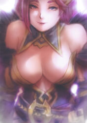 Rule 34 | 1girl, asukan, bare shoulders, belt, breasts, cleavage, detached collar, detached sleeves, dress, feather trim, fire emblem, fire emblem heroes, hair ornament, hat, large breasts, lips, loki (fire emblem), long hair, looking at viewer, mature female, nintendo, pink belt, plunging neckline, purple eyes, purple hair, simple background, smile, solo, upper body