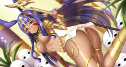 Rule 34 | &gt;:), 1girl, ass, bad id, bad pixiv id, blonde hair, blush, bracelet, breasts, closed mouth, dark-skinned female, dark skin, dutch angle, earrings, egyptian, egyptian clothes, facial mark, fate/grand order, fate (series), gold, hair tubes, hairband, harimoji, highres, holding, holding staff, hoop earrings, jewelry, large breasts, long hair, looking at viewer, medjed (fate), multicolored hair, nitocris (fate), nitocris (third ascension) (fate), panties, purple eyes, purple hair, revealing clothes, sidelocks, smile, staff, two-tone hair, underboob, underwear, v-shaped eyebrows, very long hair, white panties