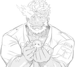 Rule 34 | 1boy, bara, beard, blush, boarsunrise, character request, collared jacket, creature, dark-skinned male, dark skin, eyebrow cut, facial hair, flaming eye, greyscale, hephaestus (housamo), highres, holding, holding creature, huge eyebrows, jacket, male focus, mature male, monochrome, muscular, muscular male, pectorals, short hair, sleeves rolled up, solo focus, tearing up, tokyo houkago summoners, upper body