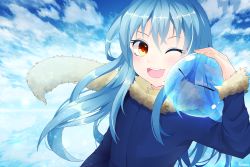 Rule 34 | 1other, ;d, absurdres, androgynous, artist name, blue hair, blue sky, blush, brown eyes, cloud, day, fur trim, hand up, highres, huge filesize, long hair, long sleeves, looking at viewer, one eye closed, open mouth, outdoors, rimuru tempest, sky, slime (creature), smile, tensei shitara slime datta ken, upper body, xereane