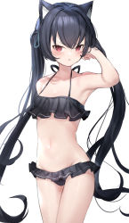 Rule 34 | 1girl, absurdres, animal ear fluff, animal ears, armpits, bare arms, bare shoulders, bikini, bikini skirt, black bikini, black hair, blue archive, blush, breasts, cat ears, cowboy shot, crossed bangs, duplicate, frilled bikini, frills, halterneck, hand on own face, hand up, highres, long hair, looking at viewer, microskirt, parted lips, pixel-perfect duplicate, red eyes, ribbon, serika (blue archive), serika (swimsuit) (blue archive), simple background, skirt, small breasts, solo, somray, swimsuit, twintails, v-shaped eyebrows, very long hair, white background