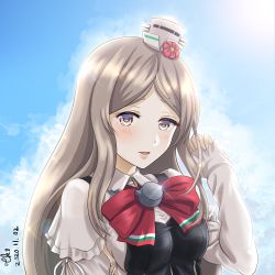 Rule 34 | 1girl, blue sky, breasts, brown eyes, cloud, commentary request, corset, dated, grey hair, hat, highres, kantai collection, looking at viewer, medium breasts, mini hat, parted lips, pola (kancolle), shirt, sky, solo, thick eyebrows, tilted headwear, tk8d32, upper body, wavy hair, white shirt